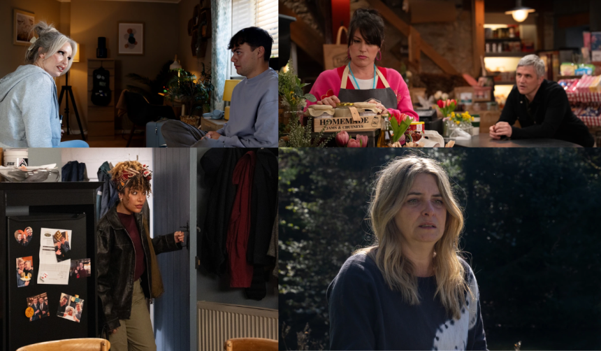 Emmerdale: Lewis. Charity, Serena, Kerry, Caleb